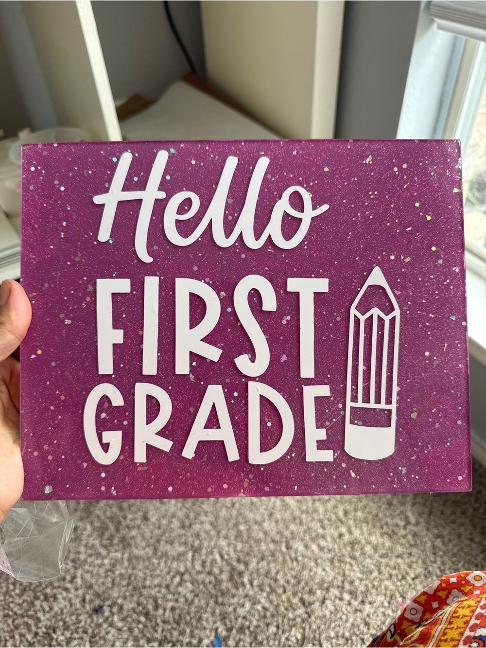 Hello First Grade Decorative Sign - Purple with White Lettering
